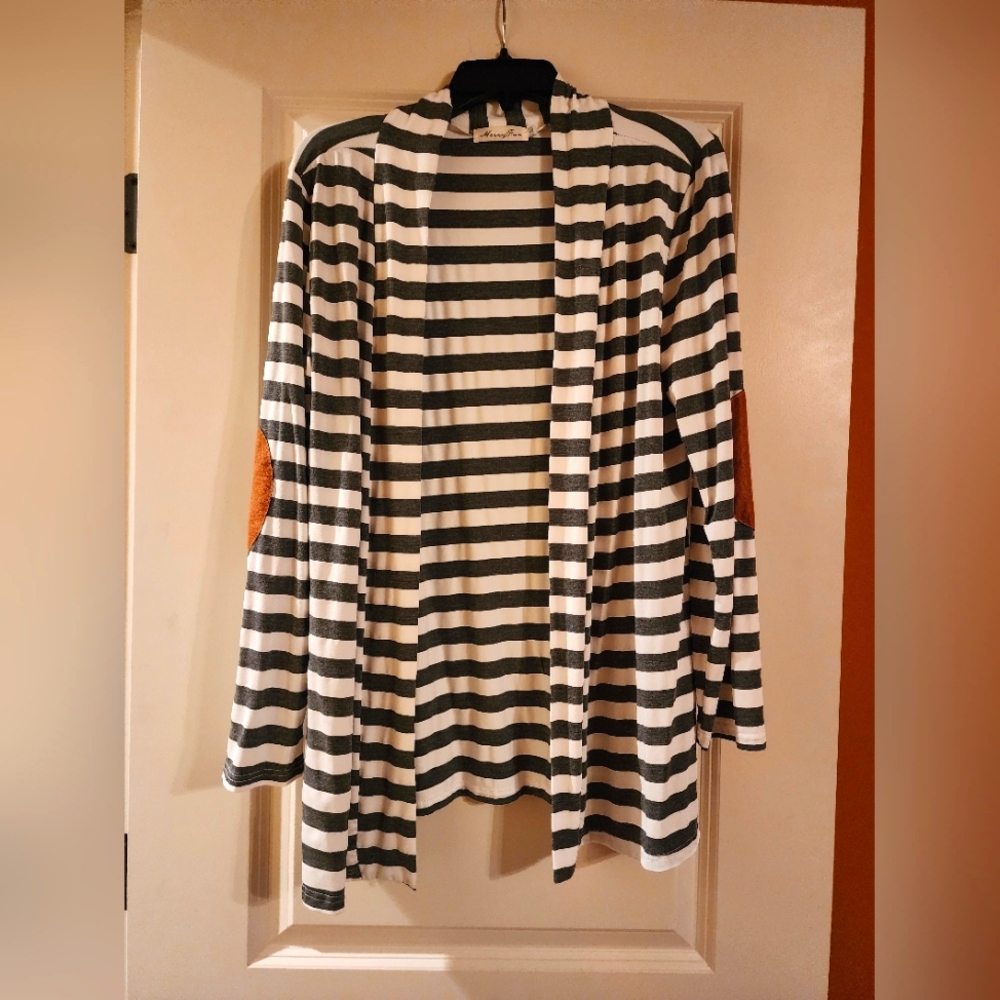 Gray and white cardigan with elbow patches, Large